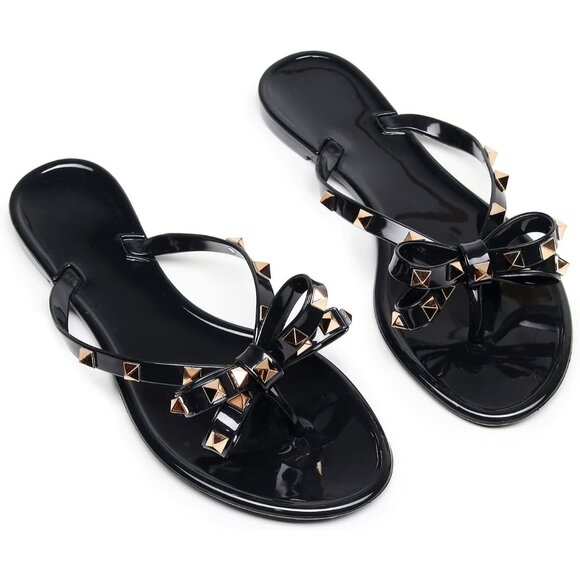 Women’s Black Flat Jelly Flip Flops with Bow and Rivets Summer Beach Sandals - Picture 6 of 9
